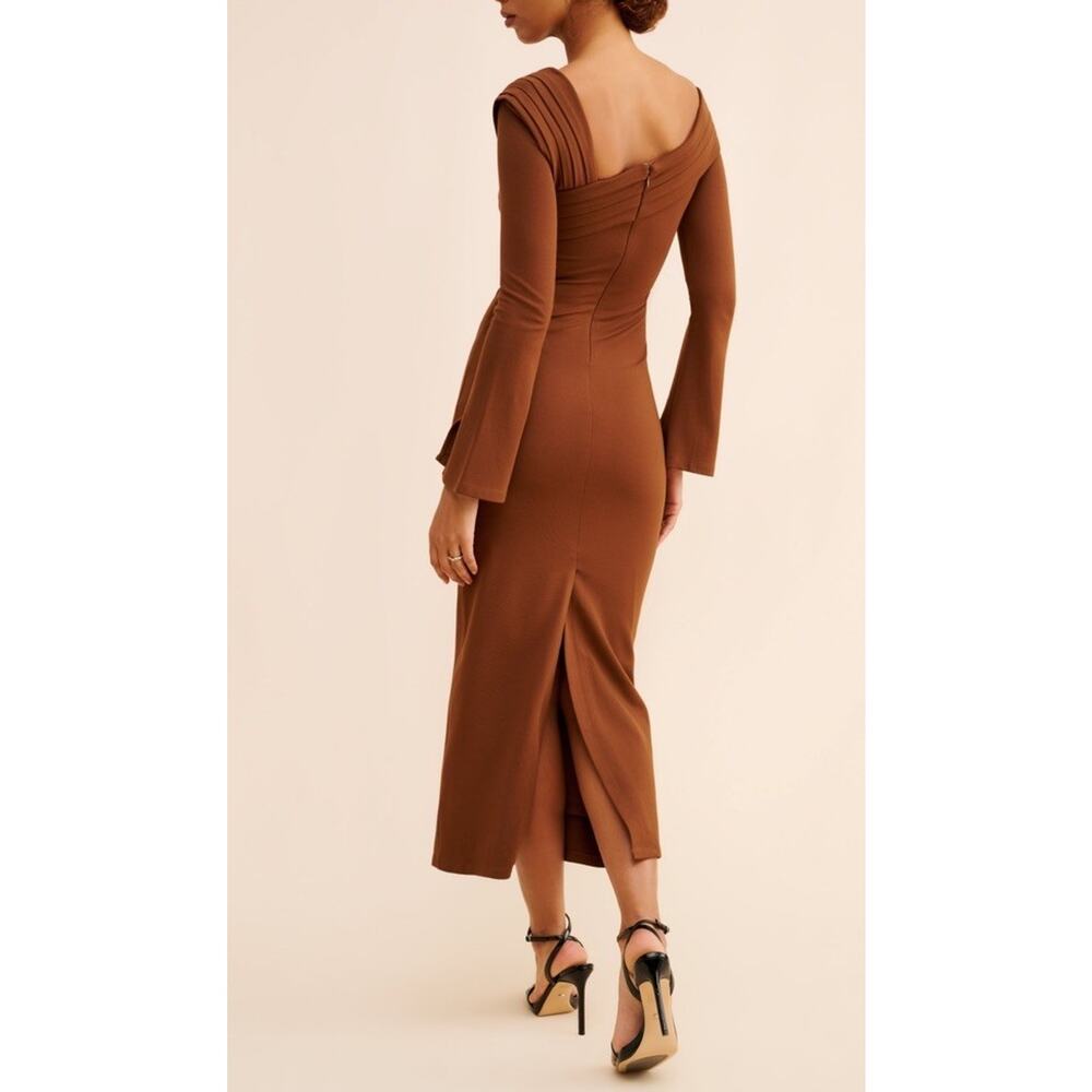 Elexiay Enugu Midi Dress off-the-shoulder brown draped cowl neck Size M - Picture 2 of 7